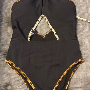 Stylish Black and Leopard Trim Kids One Piece